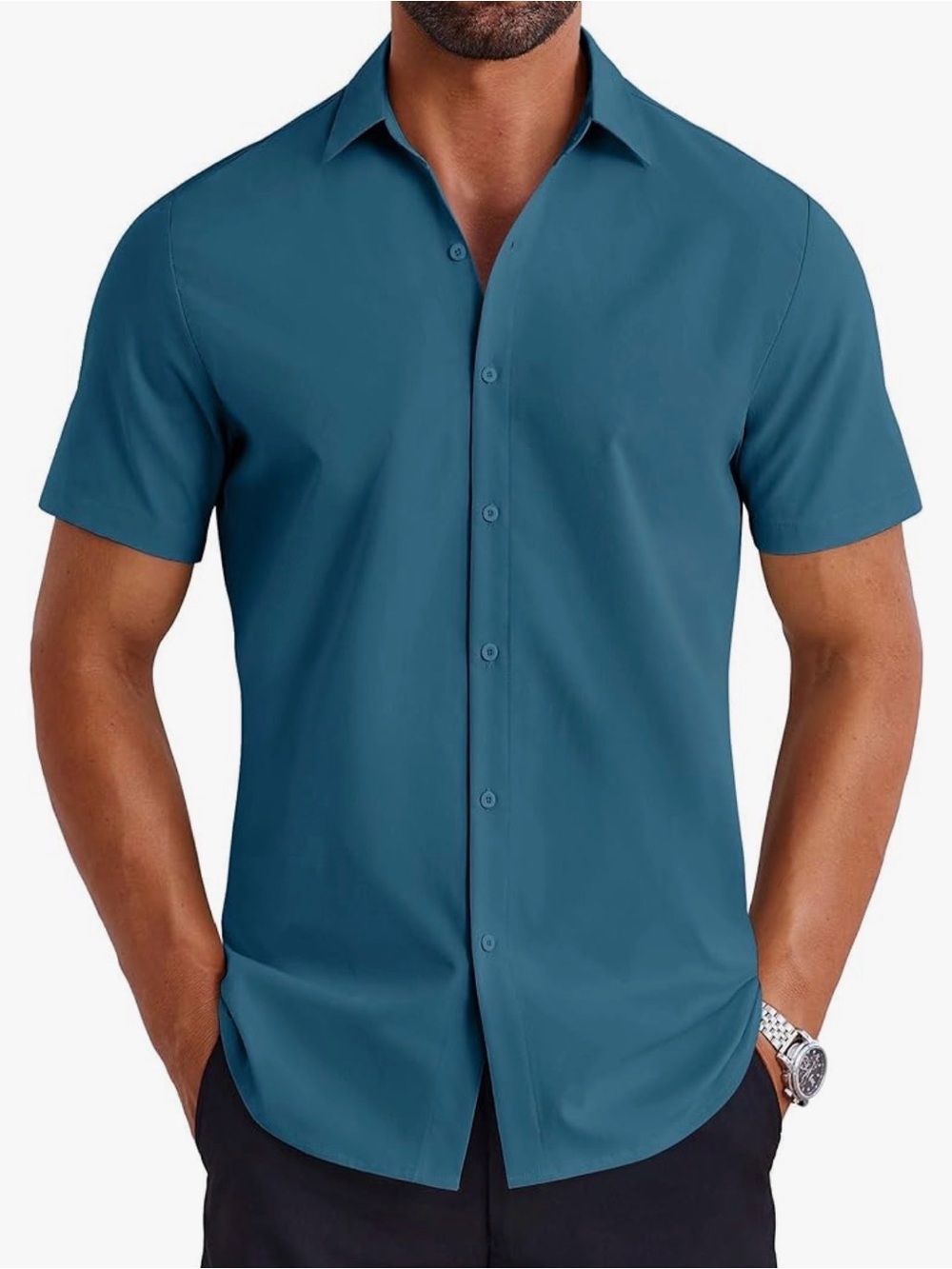 Men's Short-Sleeve Casual Button-Down Shirt in Teal Blue